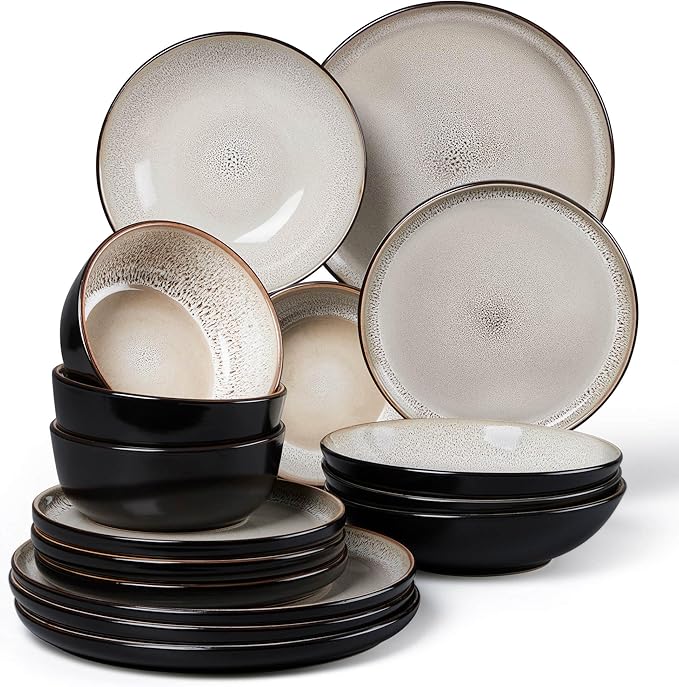 LIANYU 16 Piece Dinnerware Sets with Double Bowls for 4, Modern Ceramic Plates and Bowls Set, Kitchen Round Dinning Ware Dishware Set, Microwave and Dishwasher Safe, Tidal Khaki