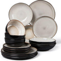 LIANYU 16 Piece Dinnerware Sets with Double Bowls for 4, Modern Ceramic Plates and Bowls Set, Kitchen Round Dinning Ware Dishware Set, Microwave and Dishwasher Safe, Tidal Khaki