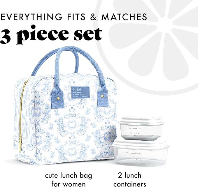 Fit & Fresh Bloomington Lunch Bag for Women - Insulated Large Lunch Box for Work with Containers, Leak-Resistant, Stain-Resistant, Zipper Closure, Blue Cupid Bows