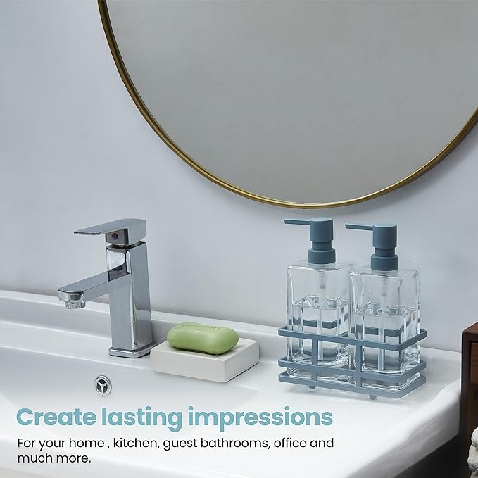 Square 3 Piece Glass Clear Lotion and Soap Pump Dispenser Set with Metal Stand Caddy for Bathroom Bath Kitchen Home Office Travel Hotel Hand Crafted Heavy Weight Spa Blue