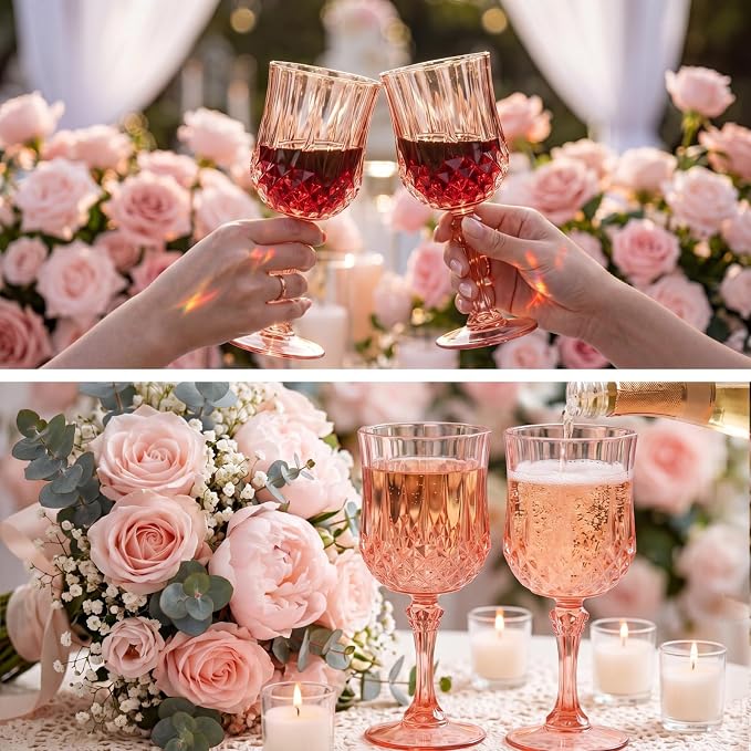 Sliner 48 Pcs 7oz Plastic Vintage Wine Glasses Drinking Goblets Unbreakable Crystal Water Glassware Reusable Diamond Champagne Flutes Cups for Wedding Banquet Birthday Party Supplies (Rose Gold)