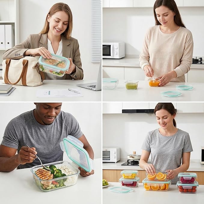 Glass Food Storage Containers, 4 Pack, Airtight Meal Prep Bento Boxes with Leakproof Locking Lids, BPA Free, Microwave, Oven, Freezer and Dishwasher Safe
