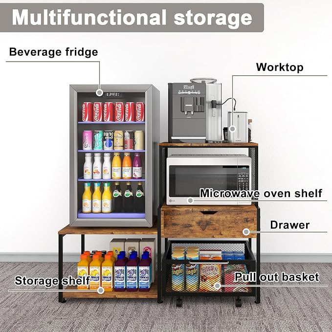 PUNCIA Coffee Bar Cabinet with Mini Fridge Stand Storage & Power Outlet | Microwave Oven Stand & Beverage Refrigerator Table, Built-in Drawer Rolling Basket for Dorm Apartment Pantry Organizer