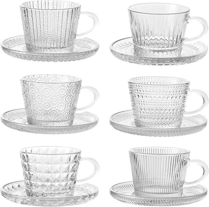 Glass Espresso Shot Cups with Saucers Set of 6, Clear Small Demitasse Cup with Stainless Steel Spoons, Dishwasher Safe Coffee Mugs for Tea Hot Chocolate Cappuccino, 5OZ/150ML, Mix