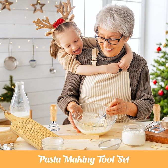 Tioncy 7 Pcs Pasta Making Tool Set, Wood Gnocchi Board with Ravioli Stamp Ravioli Maker and Rolling Pin Homemade Gnocco Maker, Kitchen Gift for Home Cooks and Baking Lovers(Pattern Gnocchi Board Set)