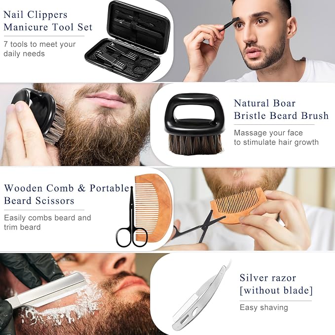 Nuogo 15 Pcs Birthday Gifts for Men Beard Care Set for Him Dad Birthday Gifts Basket Ideas Kit for Men Tumbler Bath Robe for Father's Day Dad Husband Boyfriend Box(Hooded,Navy)
