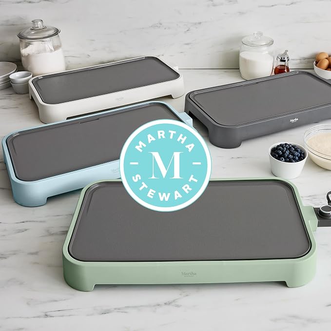 Martha Stewart 12” x 22” Electric Griddle, XL Ceramic Nonstick Flat Top Cooking Surface, Adjustable Temperature Dial, Drip Tray, Dishwasher Safe, 1500W Fast Even Heating, Pancakes & Eggs, Indigo Blue