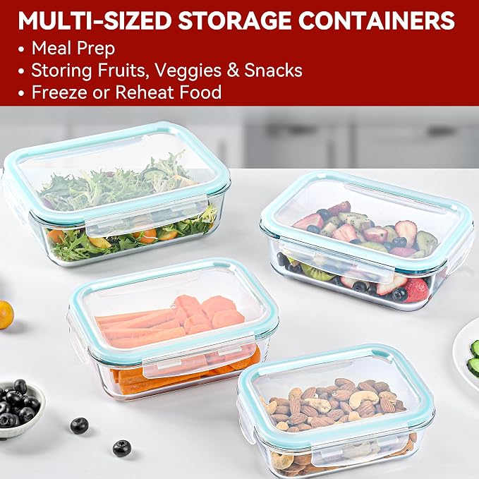 GEHE 4 Pack Large Glass Storage Containers with Airtight Lids, 78/52/36/22oz Glass Meal Prep Food Storage Containers for Baking, Storing, Leakproof, BPA Free, Microwave/Freezer/Dishwasher Safe