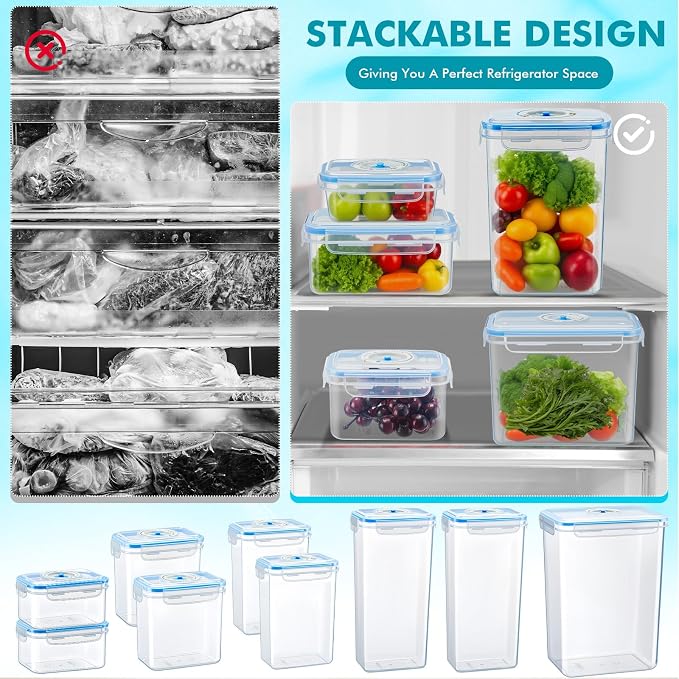 LemonRoad 9 Set Vacuum Seal Storage Food Containers with Lids (9 containers &9 Lids &1 Hand Vacuum Pump), Premium Airtight Food Storage, Airtight and Leak Proof(Clear)