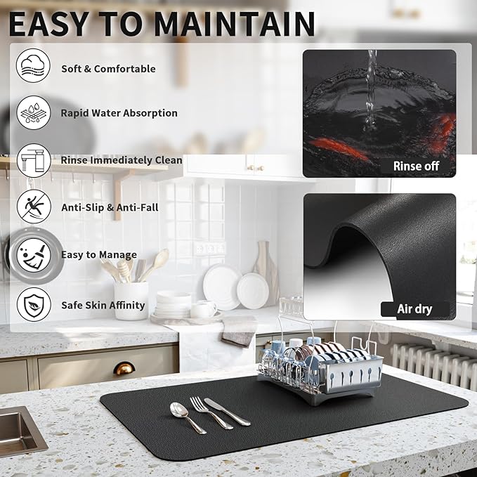 HotLive Dish Drying Mat for Kitchen Counter, Heat Resistant Drainer Mats with Non-slip Rubber Backed, Hide Stain Kitchen Super Absorbent Draining Mat, Easy to Clean Dish Rack Pad, Black 18"x24"
