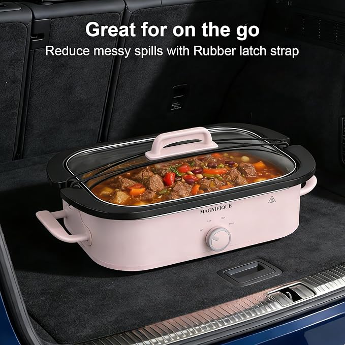 MAGNIFIQUE 4 Quart Slow Cooker with Ceramic Nonstick Baking Dish, Adjustable Temperature, Oven Safe for Lasagna & Roasts, Dishwasher Safe Stoneware & Tempered Glass Lid, Compact Crock Pot, Pink