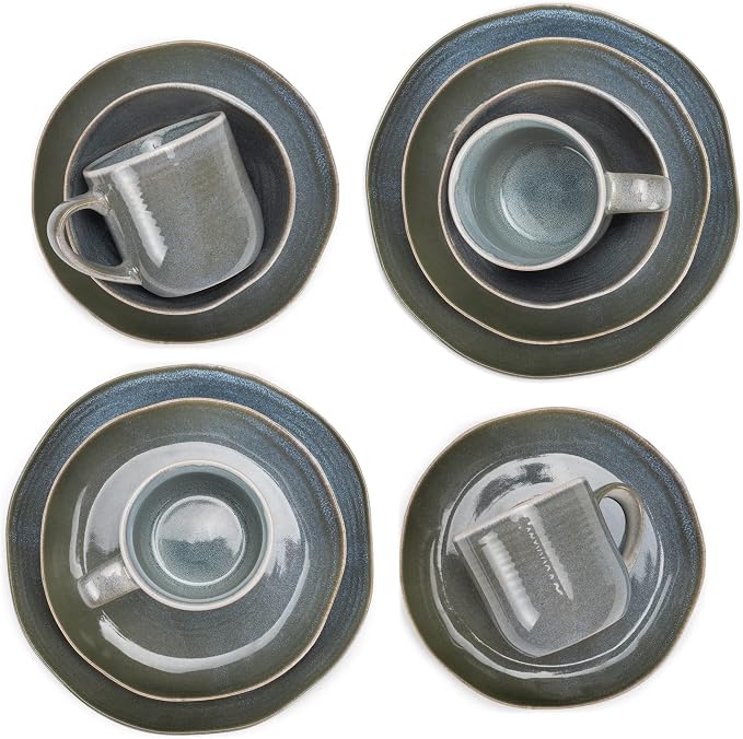 Elanze Designs Reactive Glaze Farmhouse Rustic Boho Ceramic Stoneware Dinnerware 16 Piece Plate Bowl Mug Dish Set - Service for 4, Ocean Teal Blue