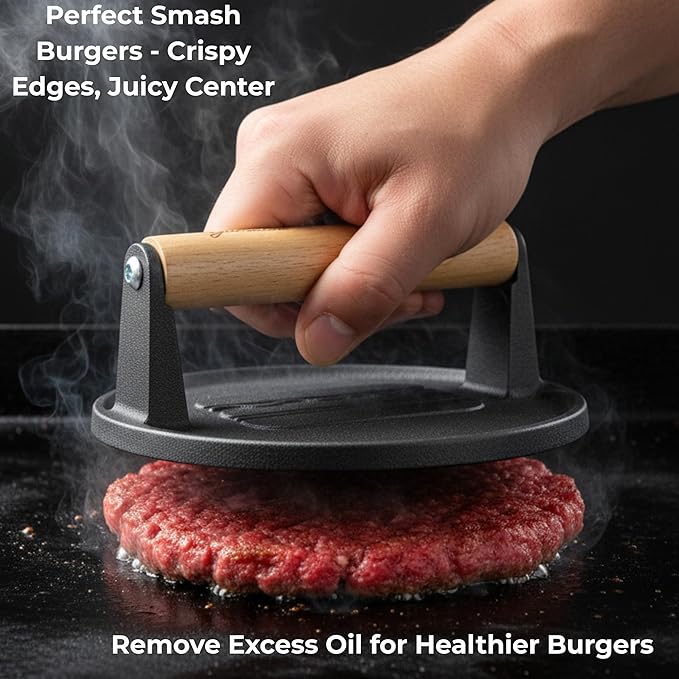Gamalou® Smash Burger Press Kit: 7” Cast Iron Flat Press, 3-in-1 Hamburger Maker, 6x5” Spatula, Dredge Shaker & 100 Patty Papers for BBQ, Blackstone Griddle, Flat Top, Grill & Frying Pan