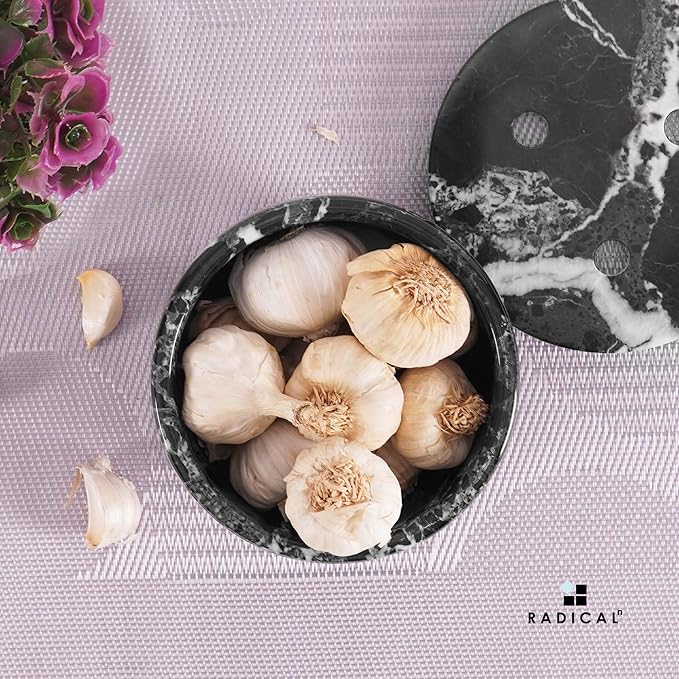 Radicaln Marble Garlic Keeper With Lid 4.5 Inch Black Handmade Garlic Storage and Garlics Container For Kitchen, Keep Fresh Garlic Cloves, Ideal Garlic Keeper for Counter