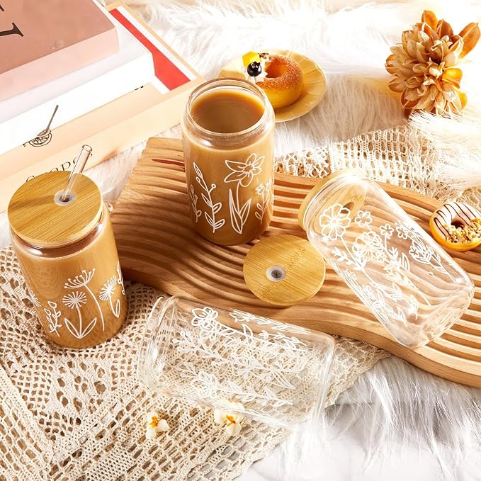 Mumufy 24 Pack Glass Cups Gift Aesthetic Cute Glass Cup Tumbler Flower Iced Coffee Mugs 16 oz with Bamboo Lid & Straw, for Wedding Birthday Bridesmaid Mom Baby Shower