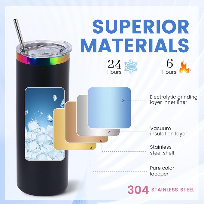 Joyclub Tumblers Bulk 10 Pack 20 oz Insulated Tumbler with Lids and Straws Skinny Straight Powder Coated Tumbler for Laser Engraving Custom RainbowTumblers Set with Gift Box