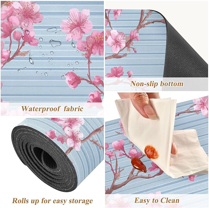 2-in-1 Table Runner Trivet for Hot Dishes Heat Resistant Hot Plate Mat Pad 39x12 Inch Waterproof Table Protector Trivets for Countertop Non Slip Decorative Blue Stripes Cherry Blossom