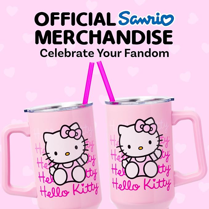 Silver Buffalo Sanrio Hello Kitty Waving Double Walled Stainless Steel Tumbler with Handle and Straw, Fits in Standard Cup Holder, 40 Ounces