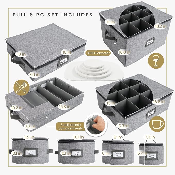 HOMELUX THEORY Plate Storage Box, 4pc Light Gray Hard Shell China Storage Containers with 48 Felt Pads, Kitchen Storage Bins With Lids, Moving Box with Handles for Dishes, Dinner Plate & Platter