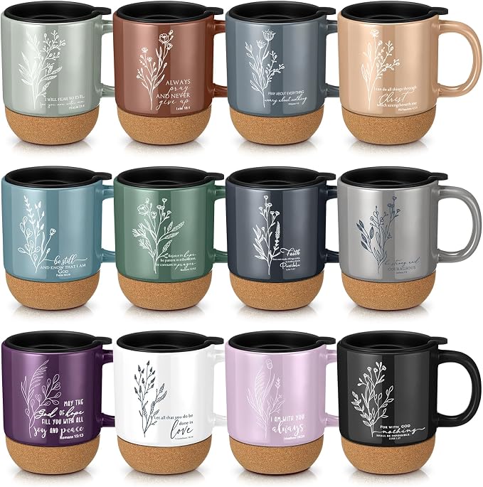 FillTouch 12 Pcs Christian Mug Gifts Bulk 15oz Religious Cup Cork Bottom Coffee Mug with Verse Inspirational Gift for Women Men Pastor Church Group Bible Study Member(Boho,Flower)
