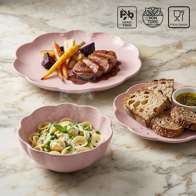 Sango 12 Pieces Scalloped Dinnerware Set, Modern Pink Dishes for 4, Premium Serving Plates & Bowls Sets, Chip Resistant, Blush Ceramic Dishware, Kitchen Dish, Microwave & Dishwasher Safe, Bethany