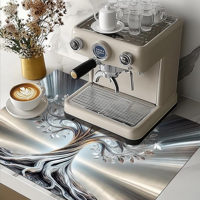 HOMETITUTE Silver Tree Stove Top Covers Pad Kitchen Decorations Dish Drying Mat 28 x 20 inches Tree of Life Coffee Bar Mats Absorbent Pad Fit Coffee Maker Machine Dish Drying Kitchen Decor