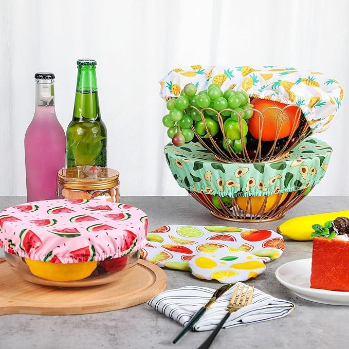 Patelai 10 Pcs Bowl Covers Reusable in 5 Size Stretch Cloth Fabric Elastic Food Storage Bowl Covers Bread Sourdough Lids for Proofing Food Fruits Leftover (Bright,Summer Style)