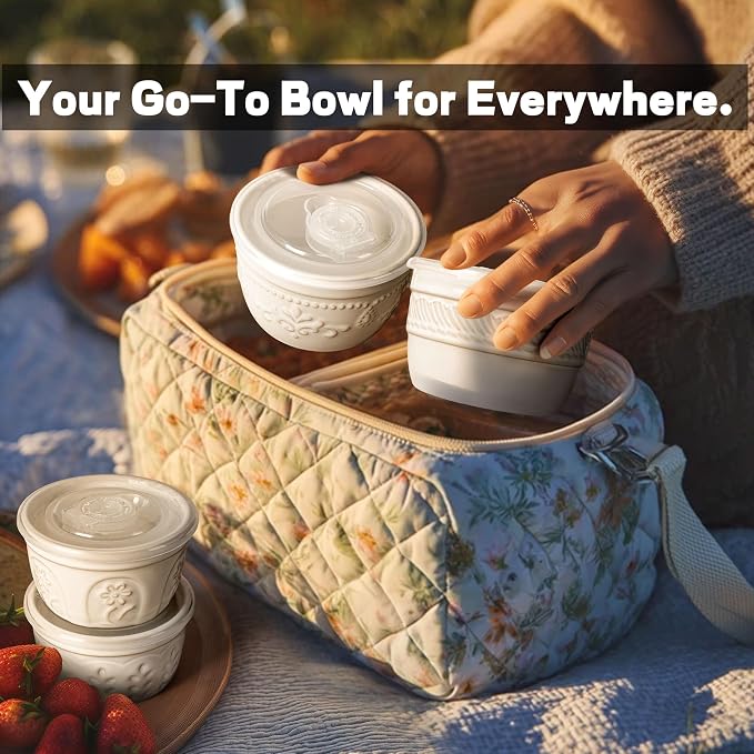 Artena Ramekins with Lids, Creme Brulee Ramekins Oven Safe, Ceramic Pudding Cups, Souffle Cups, Custard Cups, Dipping Sauce Cups, Food Storage Containers with Lids, Set of 4 (4 oz, Damask Floral)