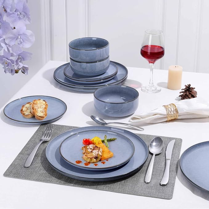 Herogo 18-Piece Stoneware Dinnerware Sets for 6, Stackable Dinner Plates and Bowls Sets, Double Reactive Glaze Dishware Place Setting for Kitchen, Scratch Resistant, Microwave Safe, Haze Blue