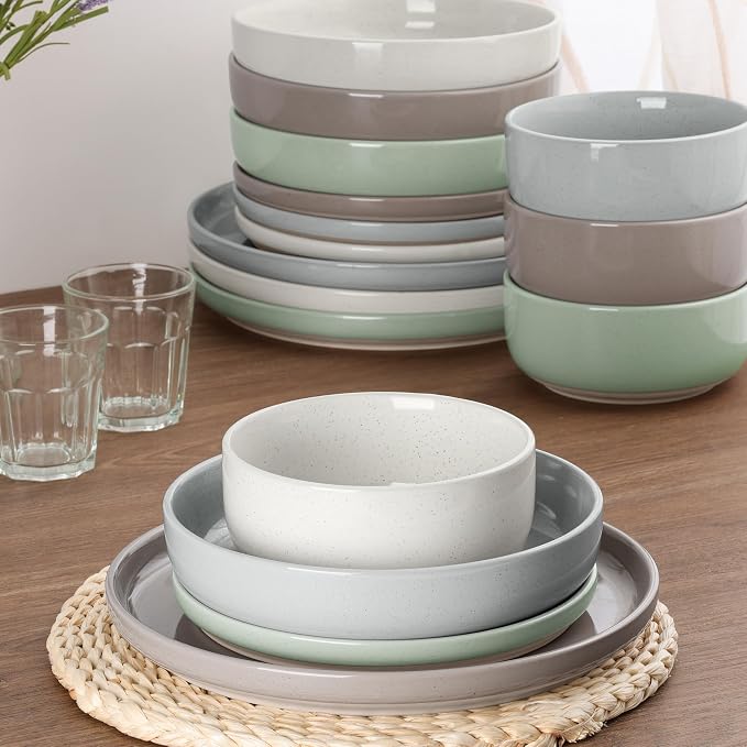 HaWare 16-Piece Plates and Bowls Set for 4, Stoneware Dinnerware Sets with Pasta Bowl, Dishes Set for Home Restaurant, Speckled Multicolor