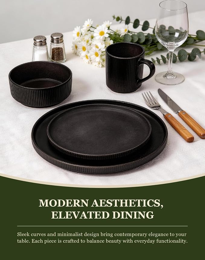 OTAGO 16-Piece Dinnerware Set for 4 with Mugs, Ribbed Stoneware Plates and Bowls Sets, Unique Handcrafted Reactive Glaze, Chip and Scratch Resistant Dish Set, Microwave & Dishwasher Safe, Black