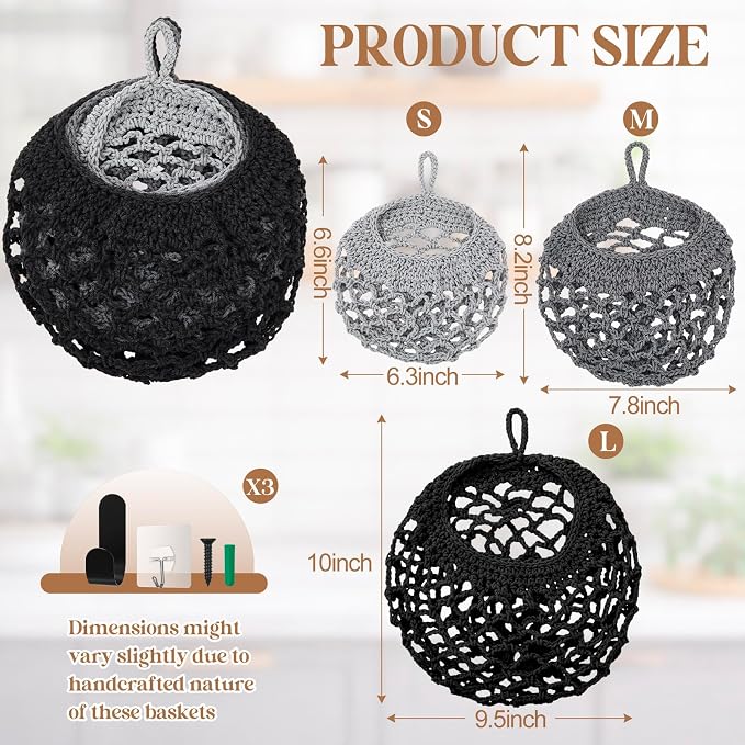 Honeydak Boho Decor Hanging Wall Baskets for Kitchen 3 Pack Teardrop Baskets with Hooks Storage Fruit Onion Vegetable Potato for Home 3 Sizes(Light Grey, White, Dark Grey,Crochet,Cotton Rope)