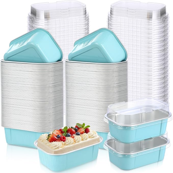 Vesici 100 Sets Mini Loaf Pans with Lids, 5.7 oz Disposable Aluminum Foil Baking Cups, Rectangle Cake Pans for Baking Storage Birthday Party(Powder Blue)