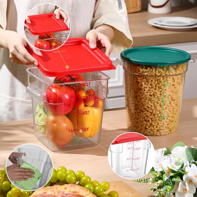 Blushtier 4 Pcs Food Storage Container with Lids Set 4 Qt Square and Round Clear PC Commercial Containers with Scale Handle for Home Restaurant Kitchen Food Storage, Dough Rise, Flour(Green and Red)