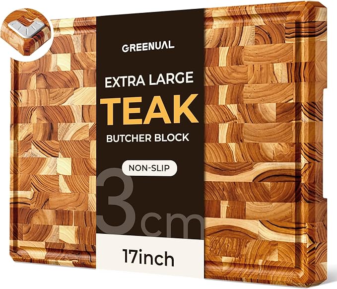 Teak Wood Cutting Boards for Kitchen,Large Butcher Block End Grain Wooden Checkered Cutting Board with Juice Groove Handle Hardwood Chopping Charcuterie Board Non Toxic Best Kitchen Essential Gift 17"