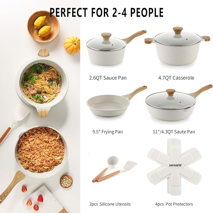 SENSARTE 13-Piece Nonstick Ceramic Cookware Set,Silicone Tools and Pot Protectors,1.5 Quart Ceramic Nonstick Sauce Pan with Lid,Non stick Saucier Pan, Induction Pot