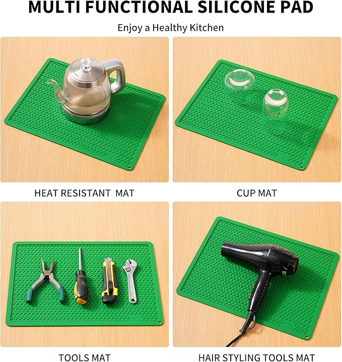Silicone Drying Mat & Heat Resistant Mat for Kitchen Counter, Non-Slip Dishwasher Safe, Raised Edge for Dishes Bottles Sink (15.35x11.61in, Dark Green)