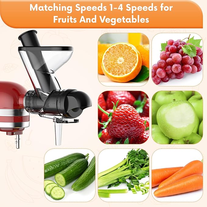 Masticating Juicer Attachment for KitchenAid Stand Mixer, Cold Pressed Juicer Machine, Slow Juicer Attachment with Dual Feed Chute and Pusher