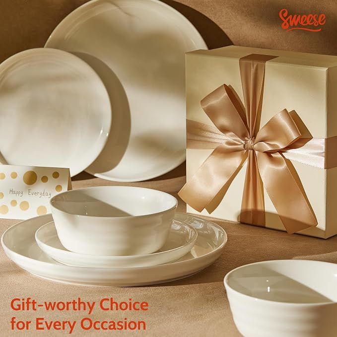 Sweese Plates and Bowls Sets,18 Pieces Modern Porcelain Dinnerware Set for 6 Handcrafted Uniqe Dinner Set Ceramic Dishware Dishes Microwave and Dishwasher Safe, White