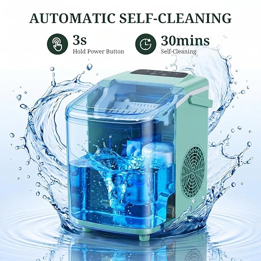 Ice Maker Countertop, Portable Ice Machine with Handle, Basket & Scoop, 26Lbs/24Hrs, 9 Bullet Ice Cubes Ready in 6–8 Mins, 2 Ice Sizes, Self-Cleaning, Quiet Compact for Home Kitchen Office RV Camping