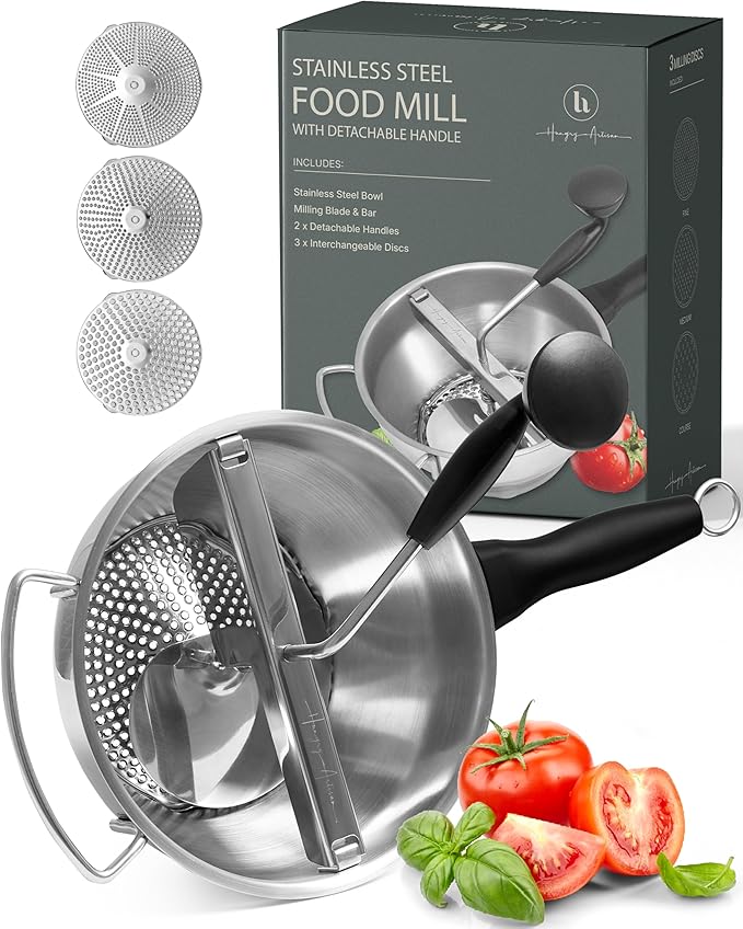 Compact Stainless Steel Food Mill with 3 Discs – Ergonomic Rotary Hand Crank with Removable Handles for Tomato Sauce, Applesauce, Baby Food, Mashed Potatoes & Puree