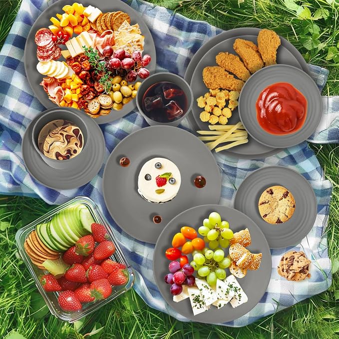 Wrova 40Pack plates and bowls sets for kitchen - Unbreakable wheat straw dinnerware sets service for 8 - Alternative plastic 40pcs dish sets for picnic,camping and R.V. - (Grey)