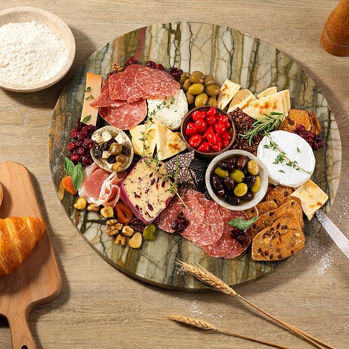 Koville Marble Cutting Board for Kitchen, 16"x16" Inches Round Stone Cutting Board, Marble Tray for Baking Charcuterie Pastry, Serving Tray for Countertop, Large Stone Slab(Pocahodas)