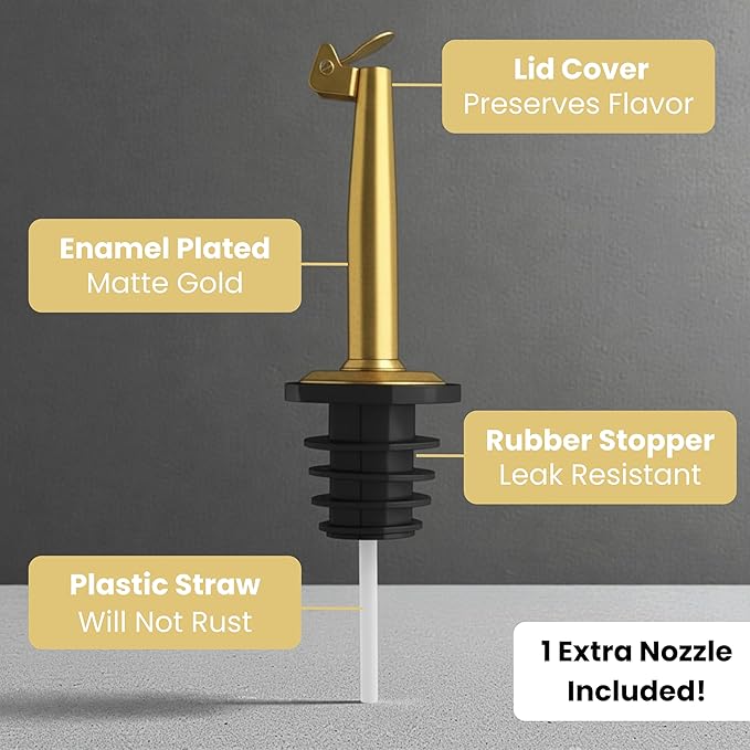 The Oil Library | Glass Oil & Vinegar Bottles with 100% Acacia Wood Stand | 4 Containers, 5 Gold Nozzles & 35 Stain-Resistant Labels | Countertop Display Set