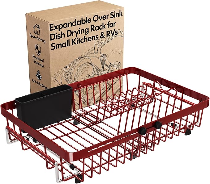 MAJALiS Red Dish Drying Rack Over The Sink with Utensil Holder | Expandable Stainless Steel Dish Drainer for Small Kitchen, Apartment, RV, Counter Space Saving, Perfect Fit, Rustproof