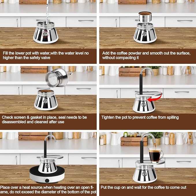 4 Cup Single Tube Moka Pot Stainless Steel Stovetop Espresso Maker Cafeteras Italian Percolator Espress Makers Capable Greca Mocha Coffee Machine for Induction Home 310ml 10.5oz