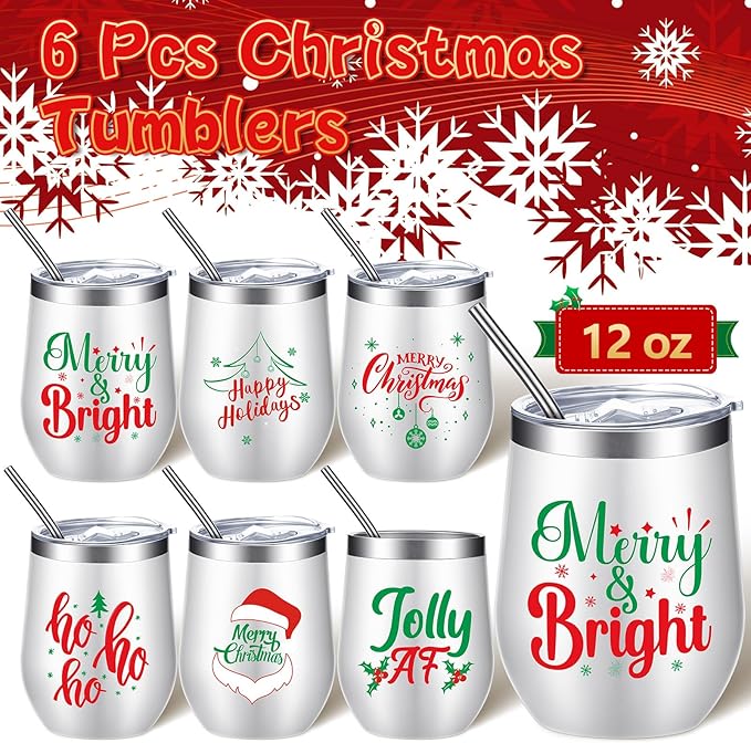 Ziliny 6 Pieces Christmas Wine Tumbler 12 oz Xmas Insulated Stainless Steel Wine Cups with Lid and Straw Funny Coffee Mugs with Brush for Holiday Wedding Party Gifts(Classic Style)
