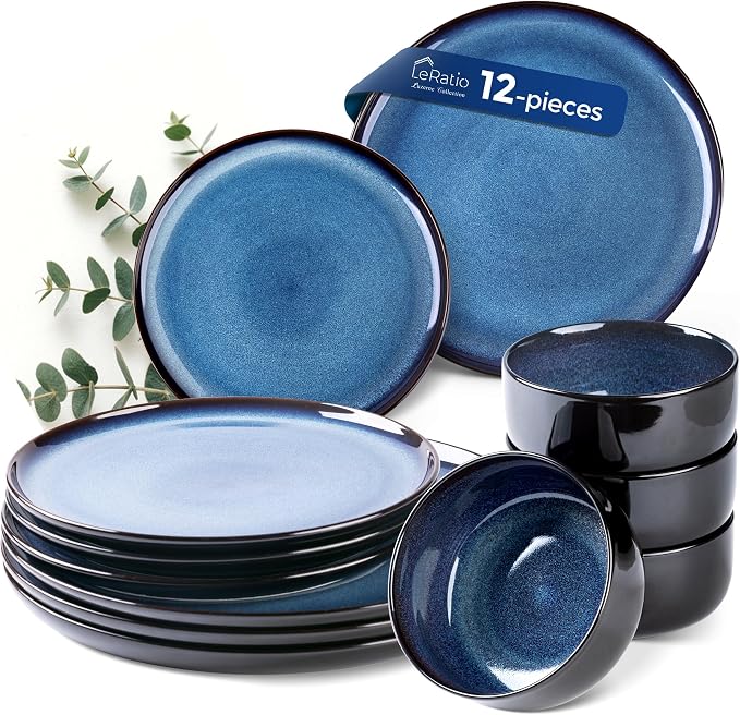 LeRatio Ceramic Dinnerware Sets for 4,Plates and Bowls Sets,Handmade Reactive Glaze Dishes Set,Chip Resistant and Scratch Resistant | Oven&Dishwasher & Microwave Safe,Service for 4