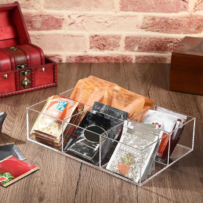 Maitys 4 Pcs Acrylic Tea Bag Organizer Divided Storage with 6 Compartments Clear Acrylic Stash Box Condiment Holder Pantry Organizer for Snacks Coffee Sugar Tea Bar Accessories