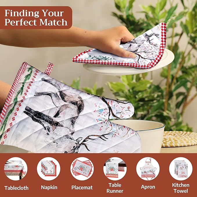 Maison d' Hermine 100% Cotton Oven Mitt & Pot Holder Set (7.5"x13" & 8"x8") Heat Resistant BBQ Cooking Gloves with Loop for Thanksgiving Christmas Decorations Handling Hot Pans (Rural Christmas)